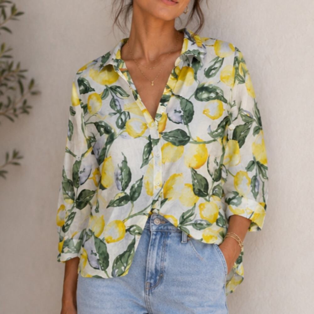 Sara Studio Button-Up Shirt Women's Size XL Lemons Cotton Lightweight Cottage